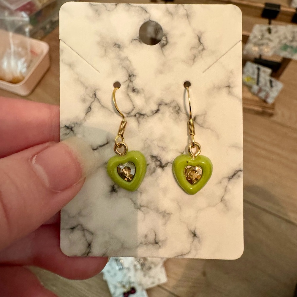 Green Heart Earrings with Gold Accents